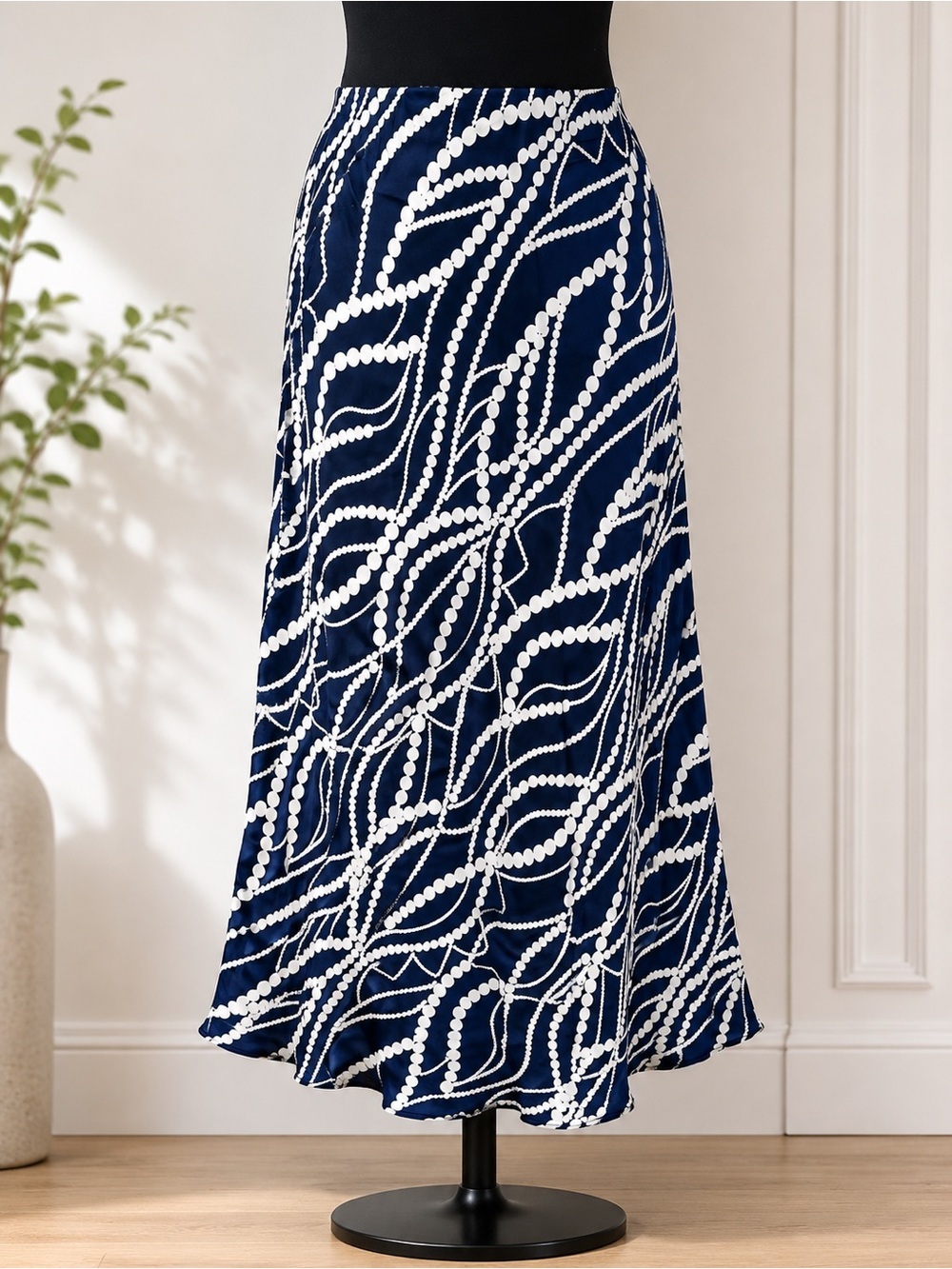 NWT DIXIE Italian Viscose Midi Bais Navy White Skirt ~ Large ~ GORGEOUS